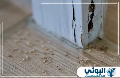 شركة مكافحة النمل الابيض بالرياض 0500805875 شركة البوني تلف واضح أسفل إطار الباب يكشف أثر إصابة نشطة بالنمل الأبيض.